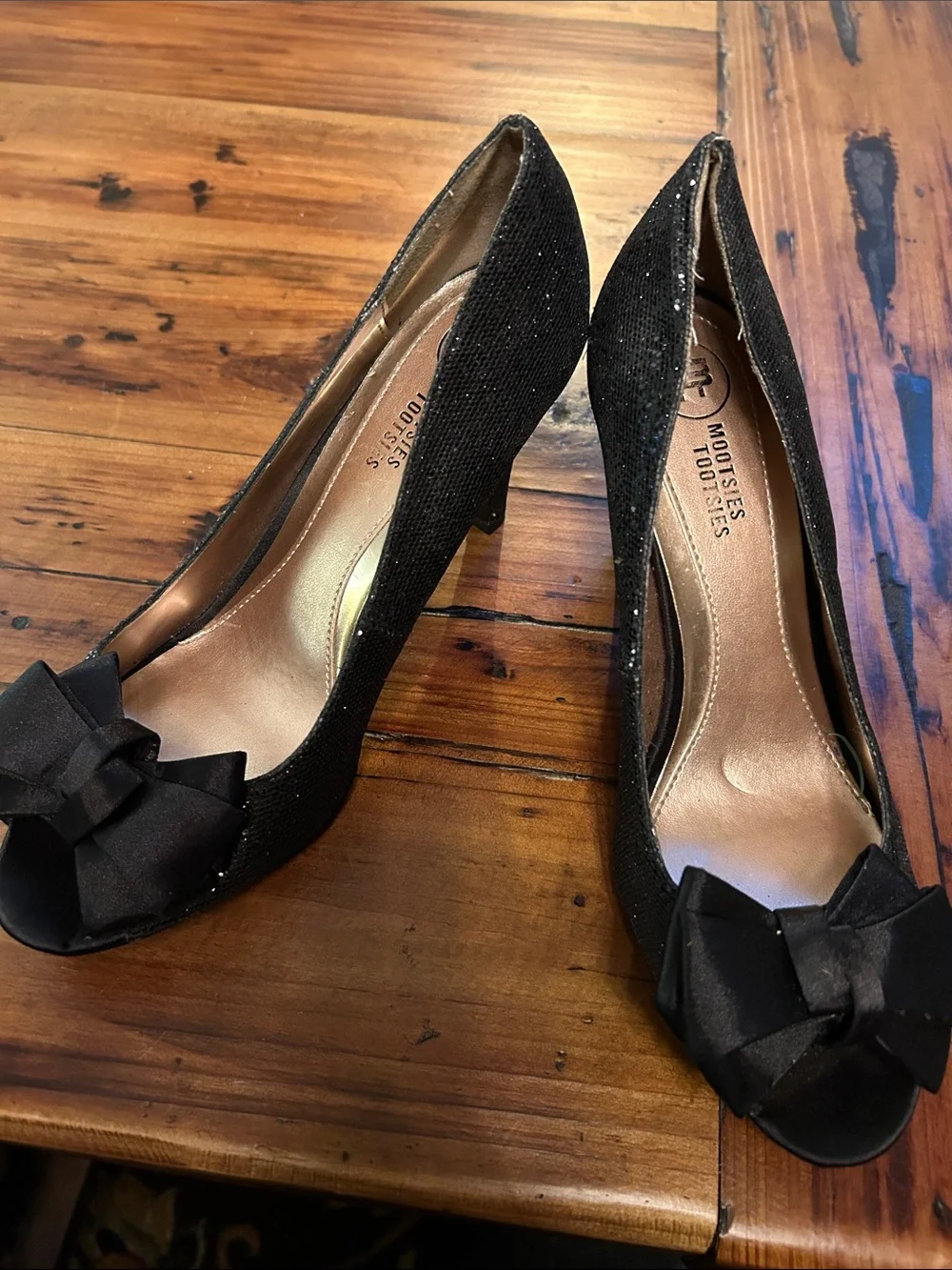 Mootsies Tootsies Black Glitter Peep-Toe Heels with Bow Accent